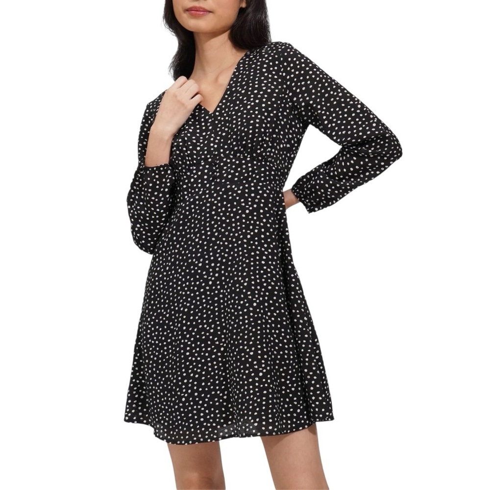 Black Polka Dot V-Neck Long Sleeve A-Line‎ Dress